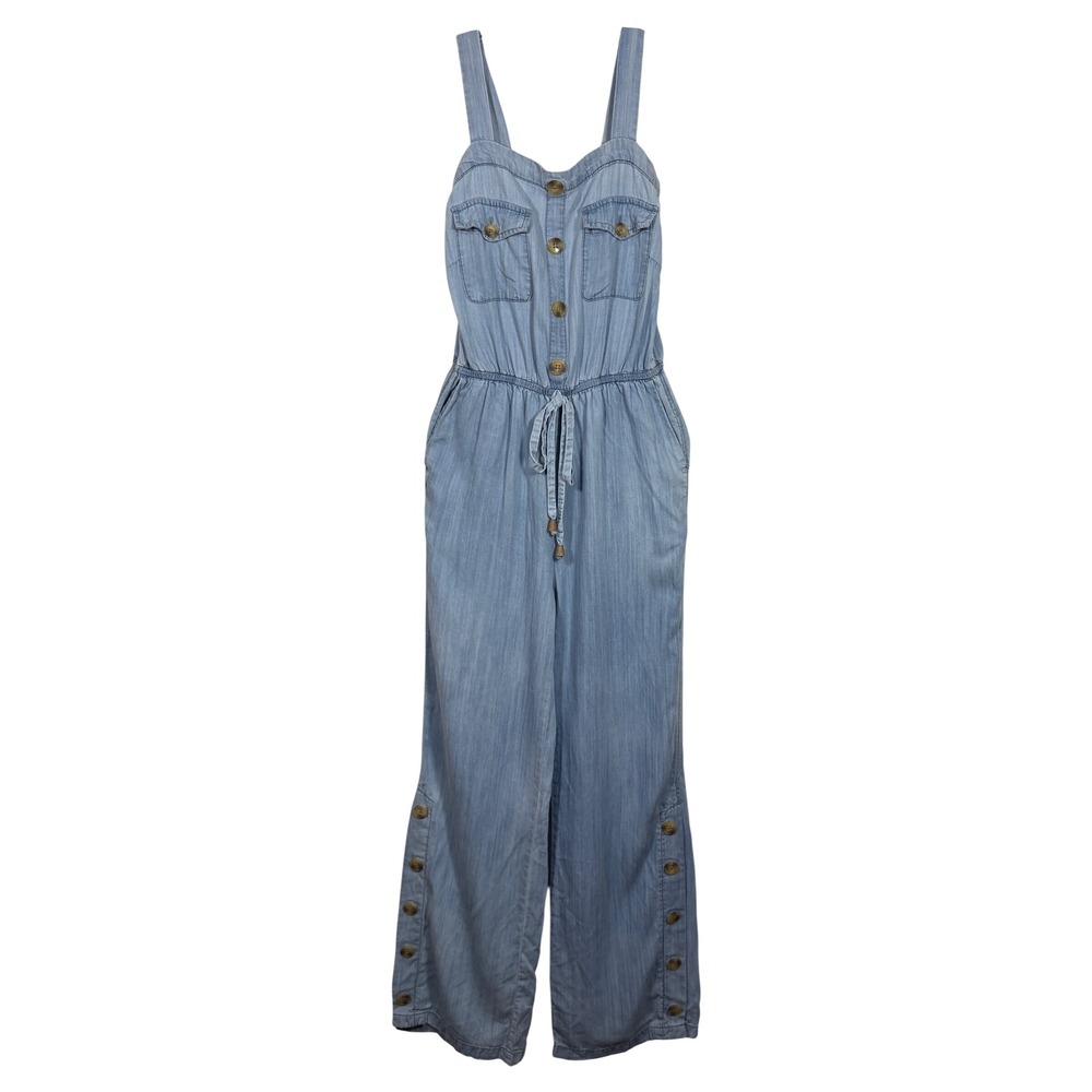 Splash Blue Tencel Chambray Wide Leg Button Side Jumpsuit M Cottagecore - Picture 2 of 16